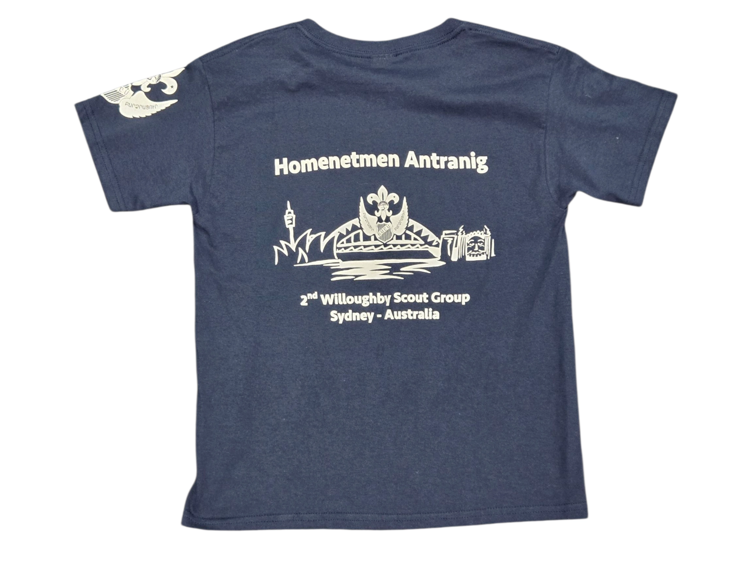 Navy t-shirt with Homenetmen Antranig and Sydney landmarks, made with screen printing.