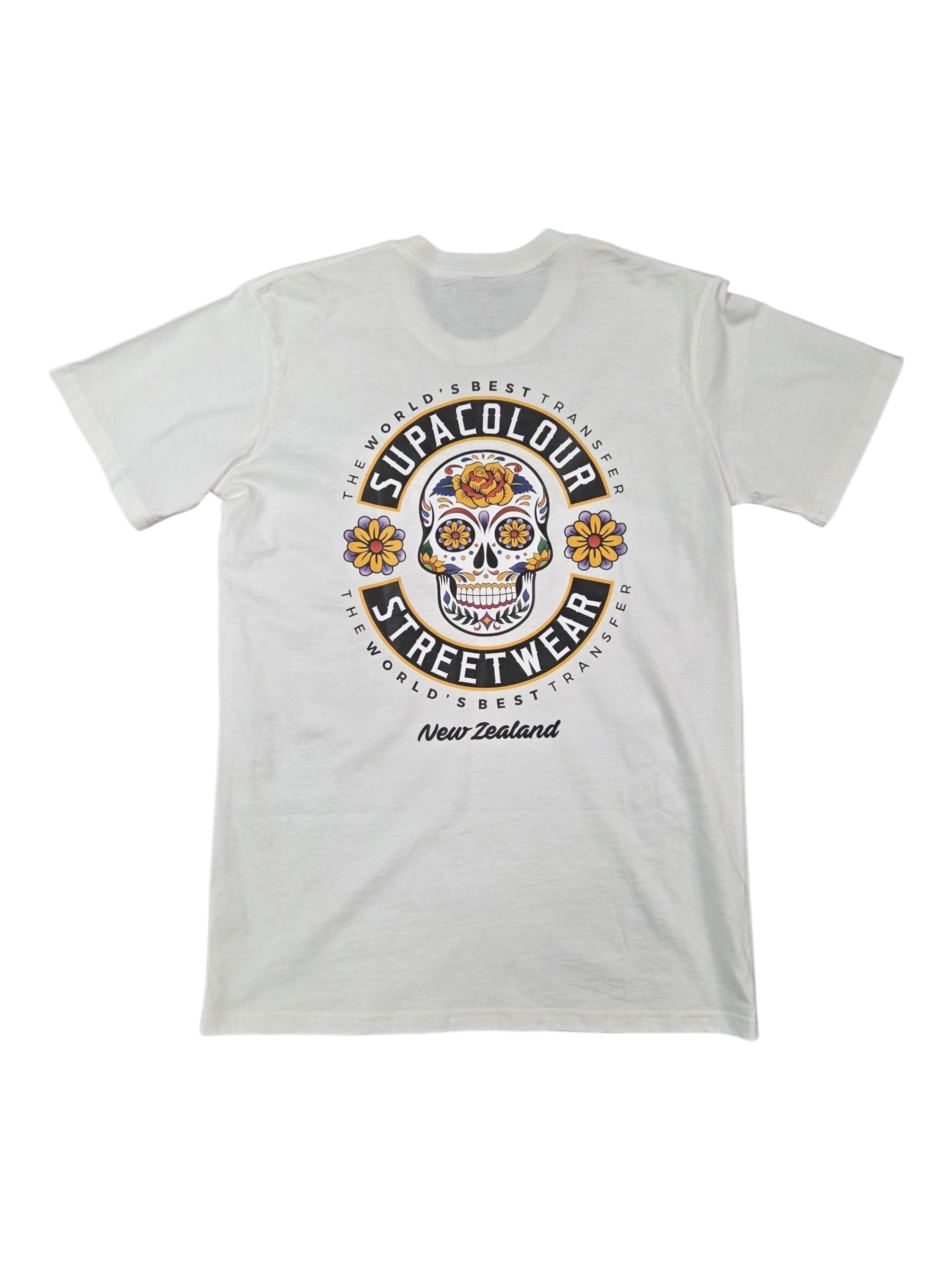 White t-shirt with a colorful sugar skull, made with vibrant digital printing.