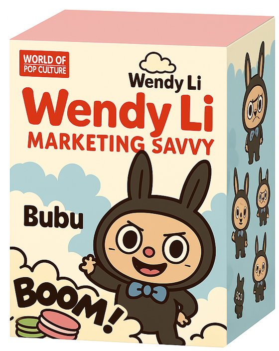 Close-up AI-generated image of a Labubu character toy box with colorful pop culture packaging design