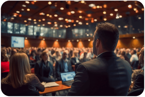 A man in a suit addresses a conference audience in a warmly lit hall.