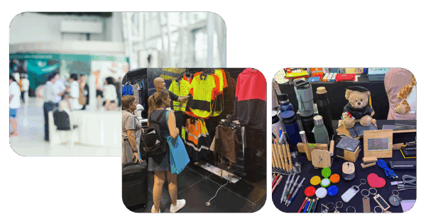 People browsing a resource stall with safety wear and promotional items at an indoor event.