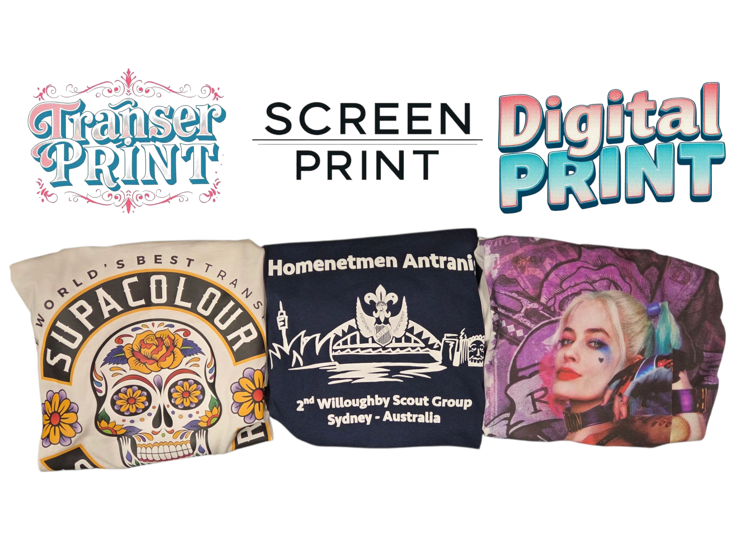 Three printed T-shirts below Transfer Print, Screen printing on fabric, and Digital Print labels.
