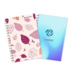 Two Everly A5 wiro notebooks: one autumn leaves, one blue with full colour logo.