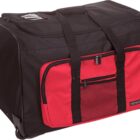 A large black and red rolling duffel bag with handles and exterior zippered pockets.