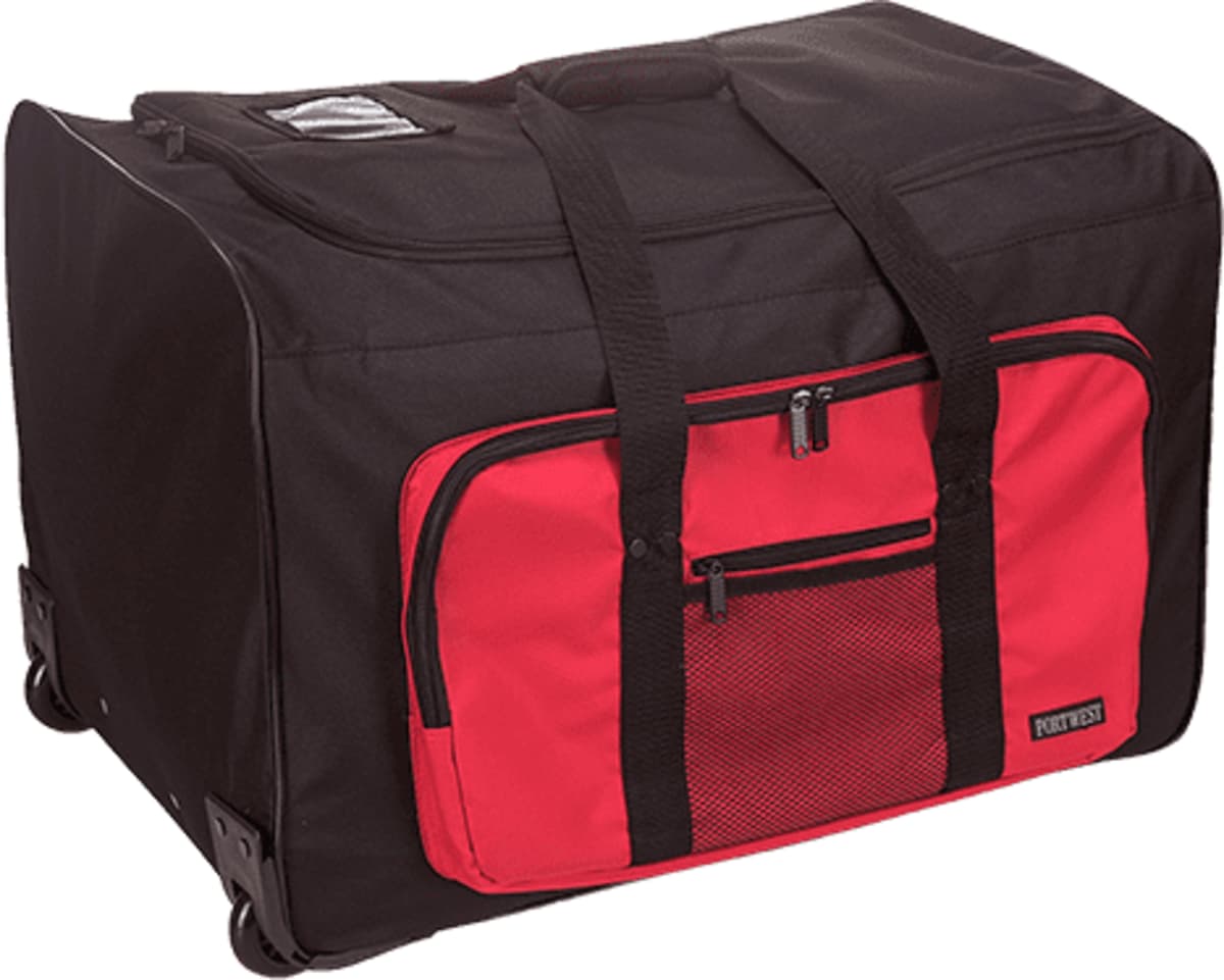 A large black and red rolling duffel bag with handles and exterior zippered pockets.