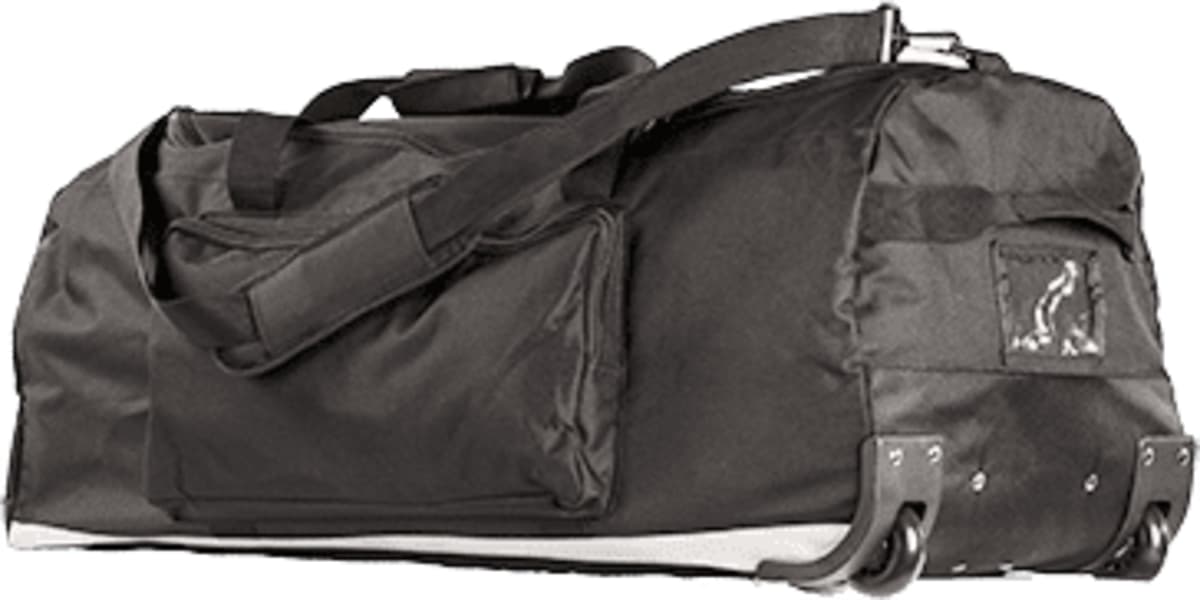 Black duffel bag with wheels and carrying straps, viewed from the side.