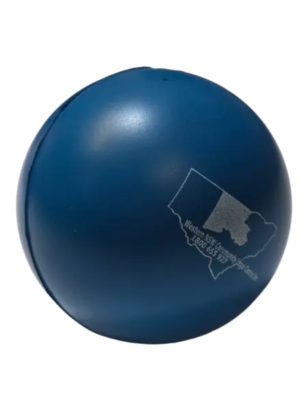 blue stressball with white print