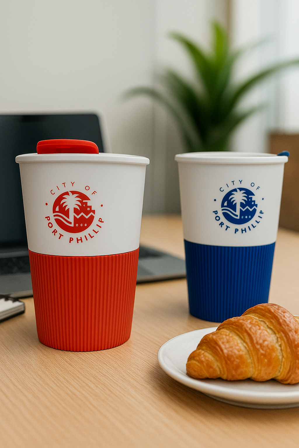 Two reusable coffee cups, a croissant, and non woven bags on a desk with a laptop and plant.