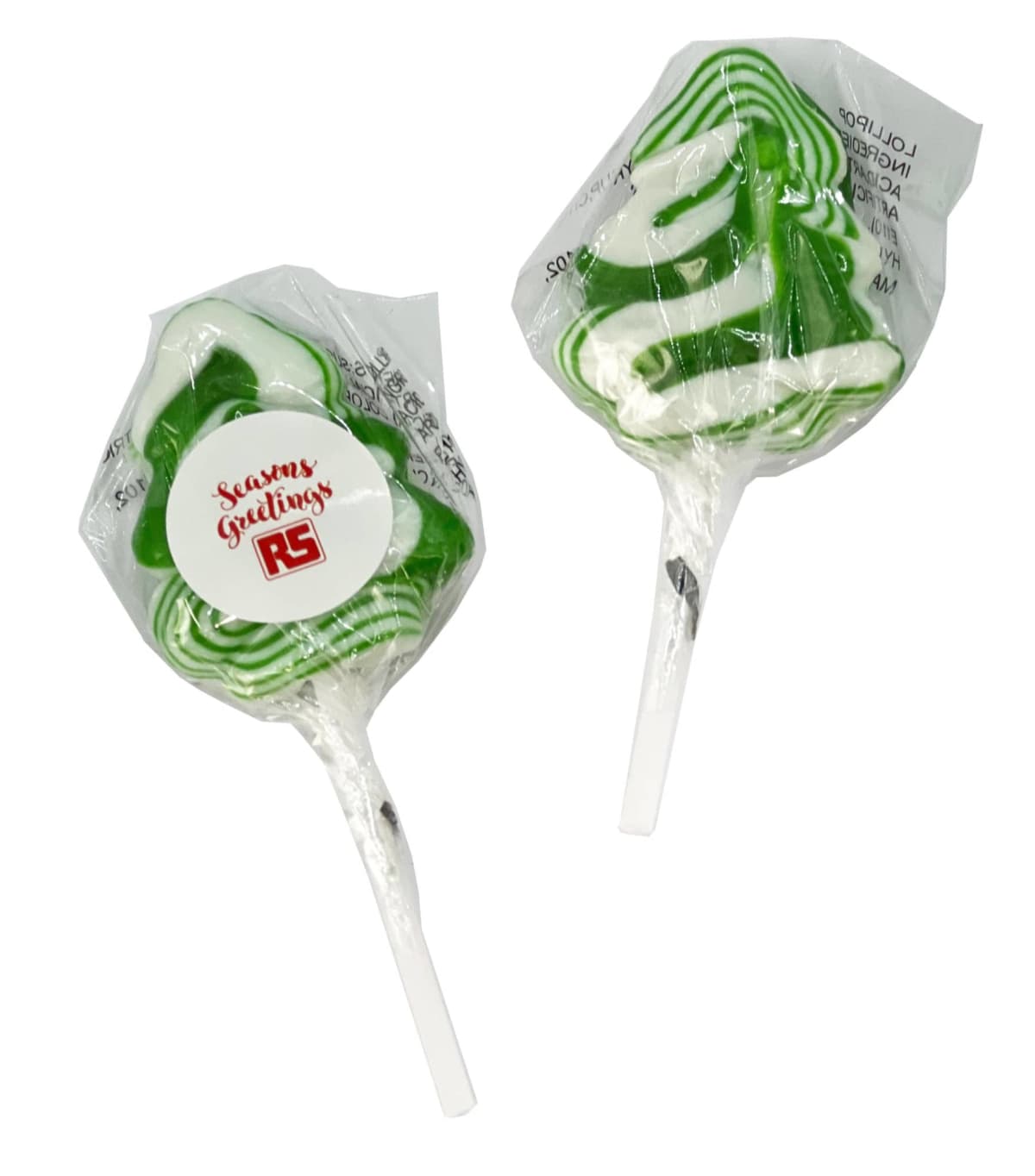 Two green and white Christmas tree-shaped lollipops wrapped in clear plastic.