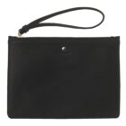 A black leather wristlet clutch with a zipper and a small gold detail on the front.