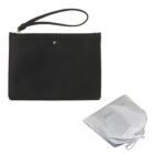 Black wristlet clutch bag with a zipper, next to a white drawstring pouch.