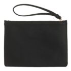 Black leather wristlet pouch with a zipper and detachable strap.