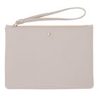 Beige leather wristlet pouch with a zipper and textured surface, shown on a white background.