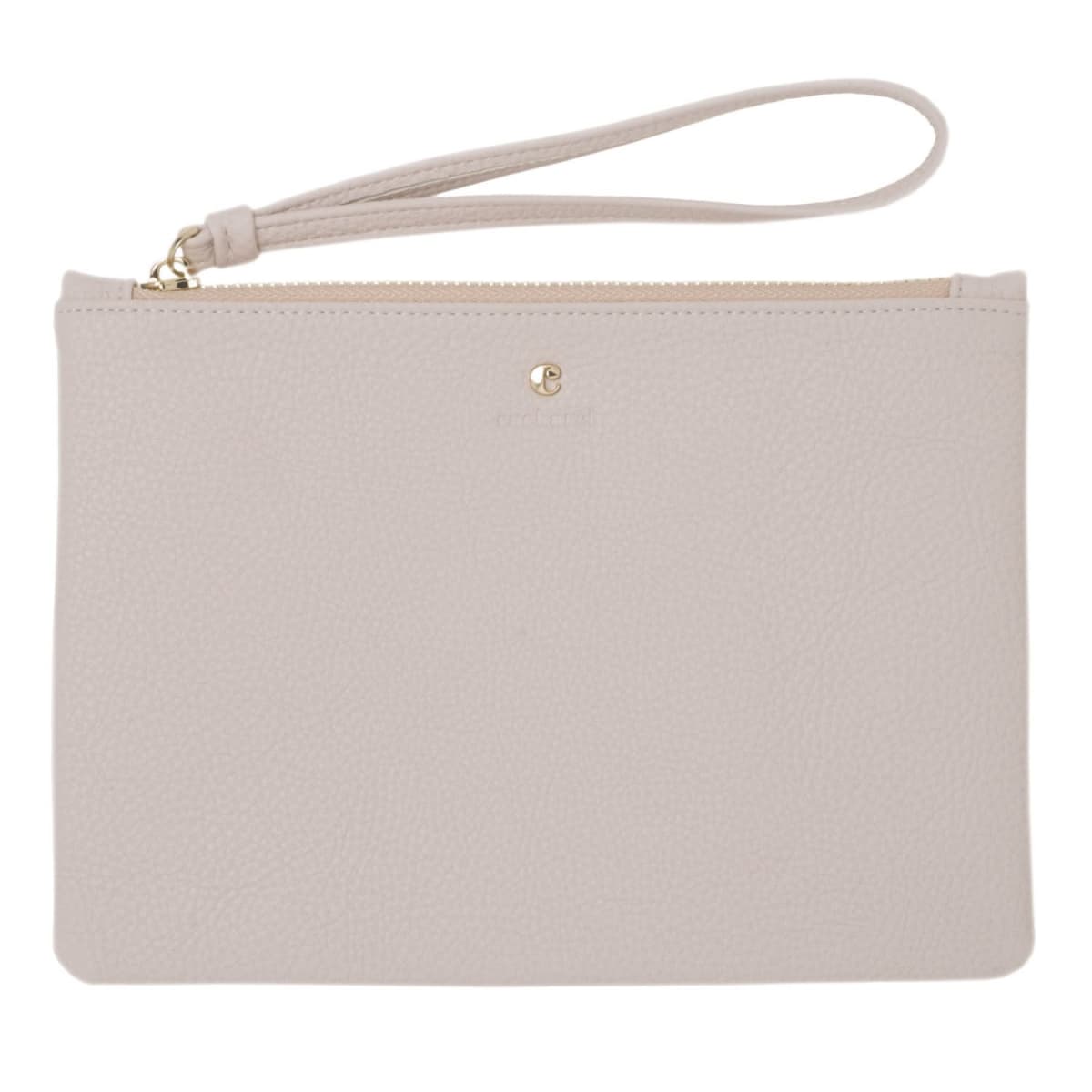 Beige leather wristlet pouch with a zipper and textured surface, shown on a white background.