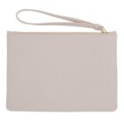 Beige leather wristlet pouch with a zipper and a matching strap, shown on a white background.