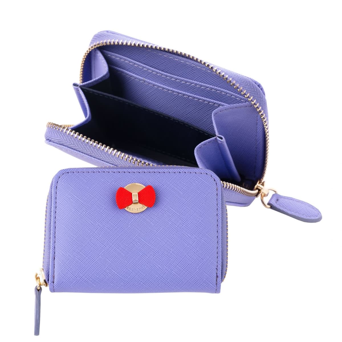 Light purple wallet with a zipper, gold accent, and small red bow decoration.