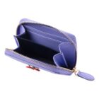 Open purple zippered wallet with card slots and a coin pocket, viewed from above.