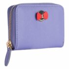 Purple zip wallet with a gold zipper and a red bow-shaped button decoration on the front.