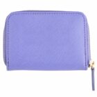 A small purple zippered wallet with a textured surface.