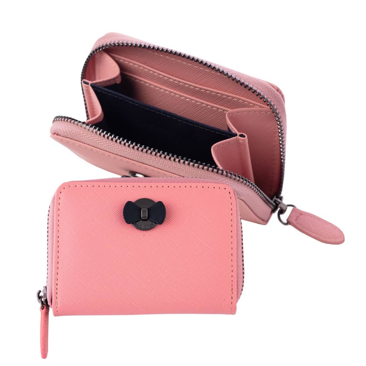 Small pink zippered wallet with bow accent, shown open and closed on a white background.