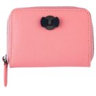 Pink zippered wallet with a small black bow decoration on the front.