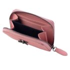 Pink zippered wallet with multiple compartments, partially open on a white background.