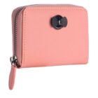 Pink zippered wallet with a small black bow-shaped accent on the front.