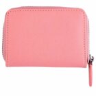A small pink zippered wallet with a textured surface.