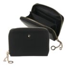 Black zippered wallet with gold chain detail, shown closed and open with compartments.