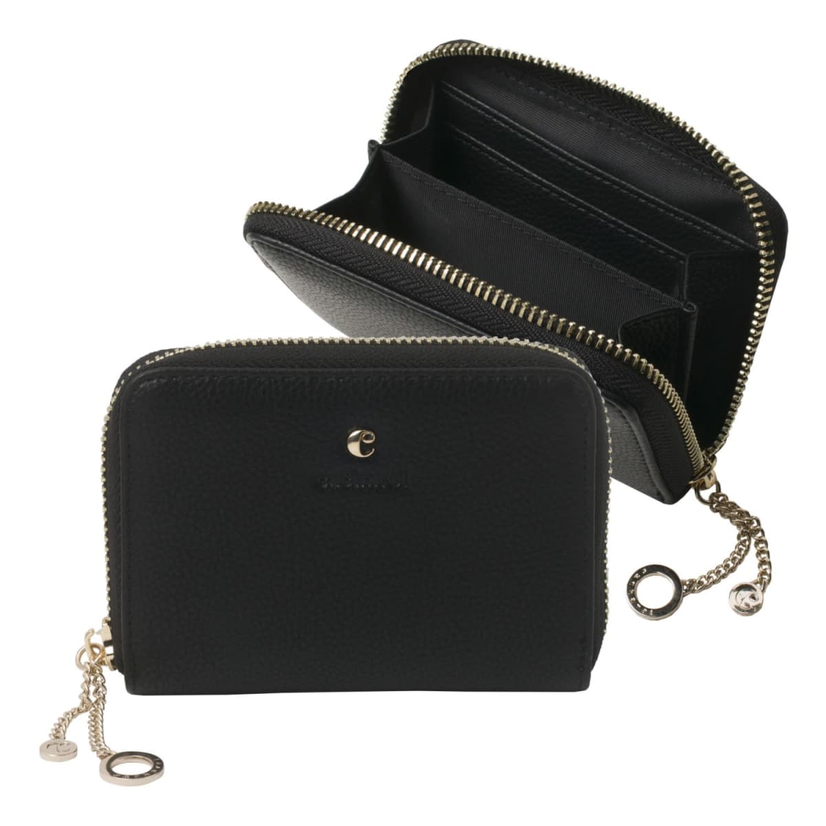 Black zippered wallet with gold chain detail, shown closed and open with compartments.