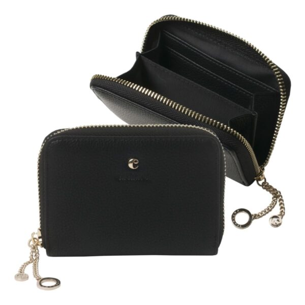 Black zippered leather wallet with gold chain detail, shown open and closed.