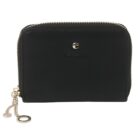 Black zippered leather wallet with gold accents and a small logo on the front.