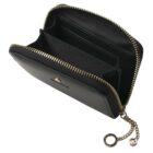 Black zippered wallet with chain keyring, shown open to display compartments.