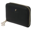Black zippered wallet with gold zippers and a small gold logo on the front.