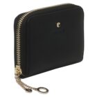 Black zippered wallet with gold chain and logo on the front, viewed at an angle.