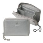 Silver zippered wallet with chain keyring, shown open and closed.