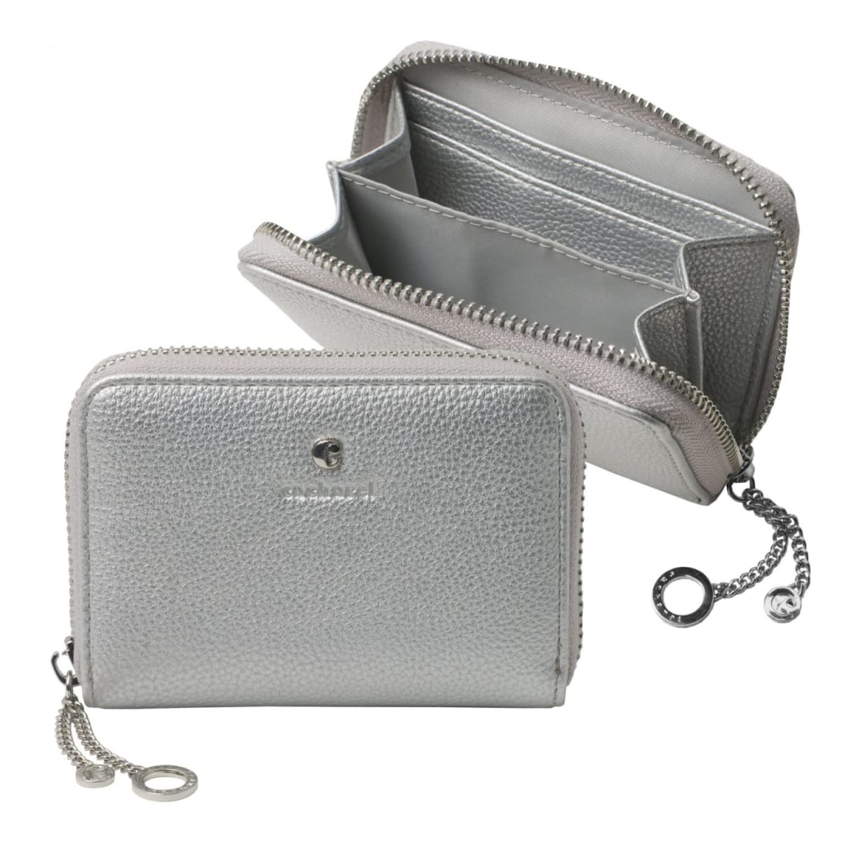 Silver zippered wallet with chain keyring, shown open and closed.