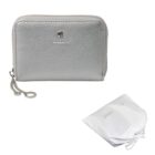 Silver zippered wallet with keychain ring, next to a white drawstring pouch.