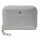 Silver zippered wallet with a textured finish and a metal keychain attached.