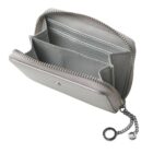 Small silver zippered wallet with multiple compartments and a chain keyring attached.