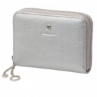 Small silver zippered wallet with textured finish and a chain attached to the zipper pull.