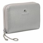 Silver zippered wallet with a small chain and ring attached to the zipper pull.