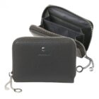 Black leather zippered wallet, open to show compartments and silver keychain detail.