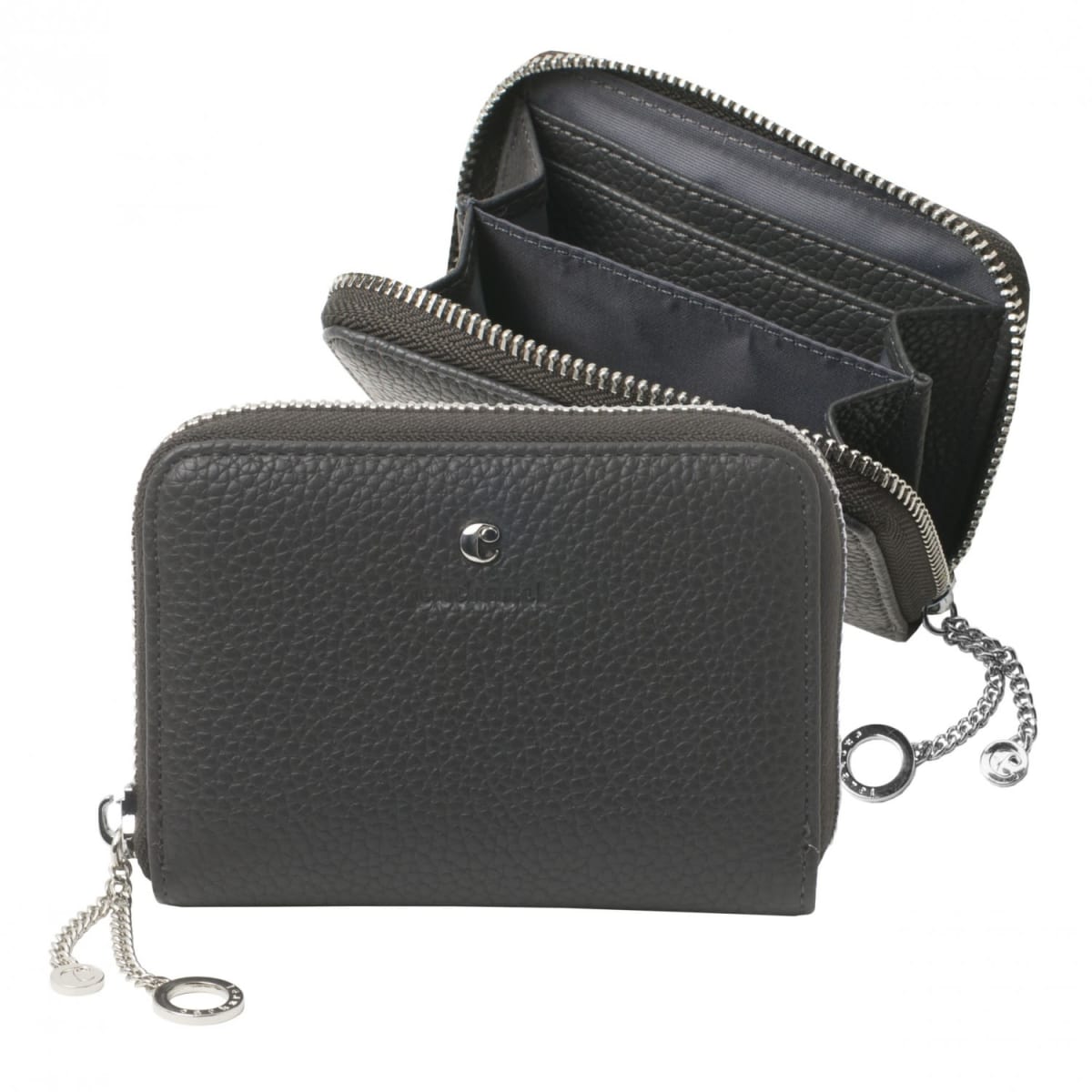Black leather zippered wallet, open to show compartments and silver keychain detail.