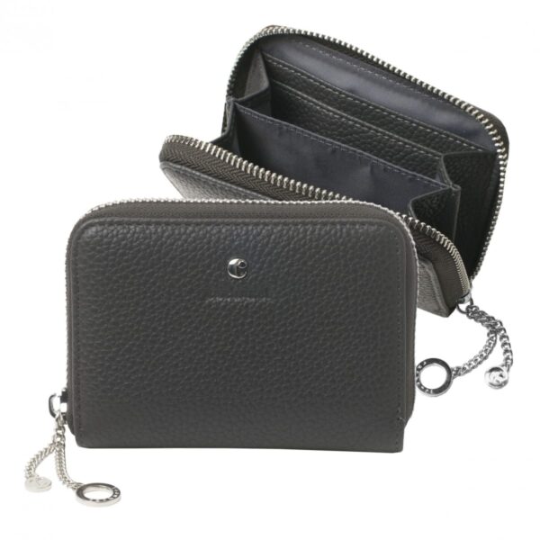 Small black leather zippered wallet with compartments and a metal chain keyring attached.