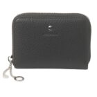 Black leather zippered wallet with silver chain and textured surface, front view.
