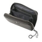 Black leather zippered wallet with chain, open to show multiple interior compartments.