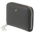 Black zippered leather wallet with a chain and two circular key rings attached.