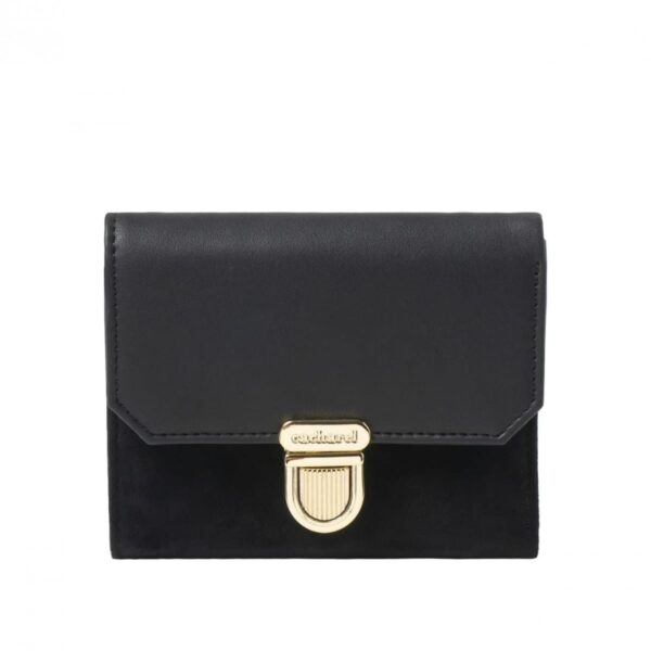 Black leather wallet with a gold clasp, displayed against a plain white background.