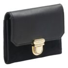Black leather wallet with gold clasp, standing upright on a white background.